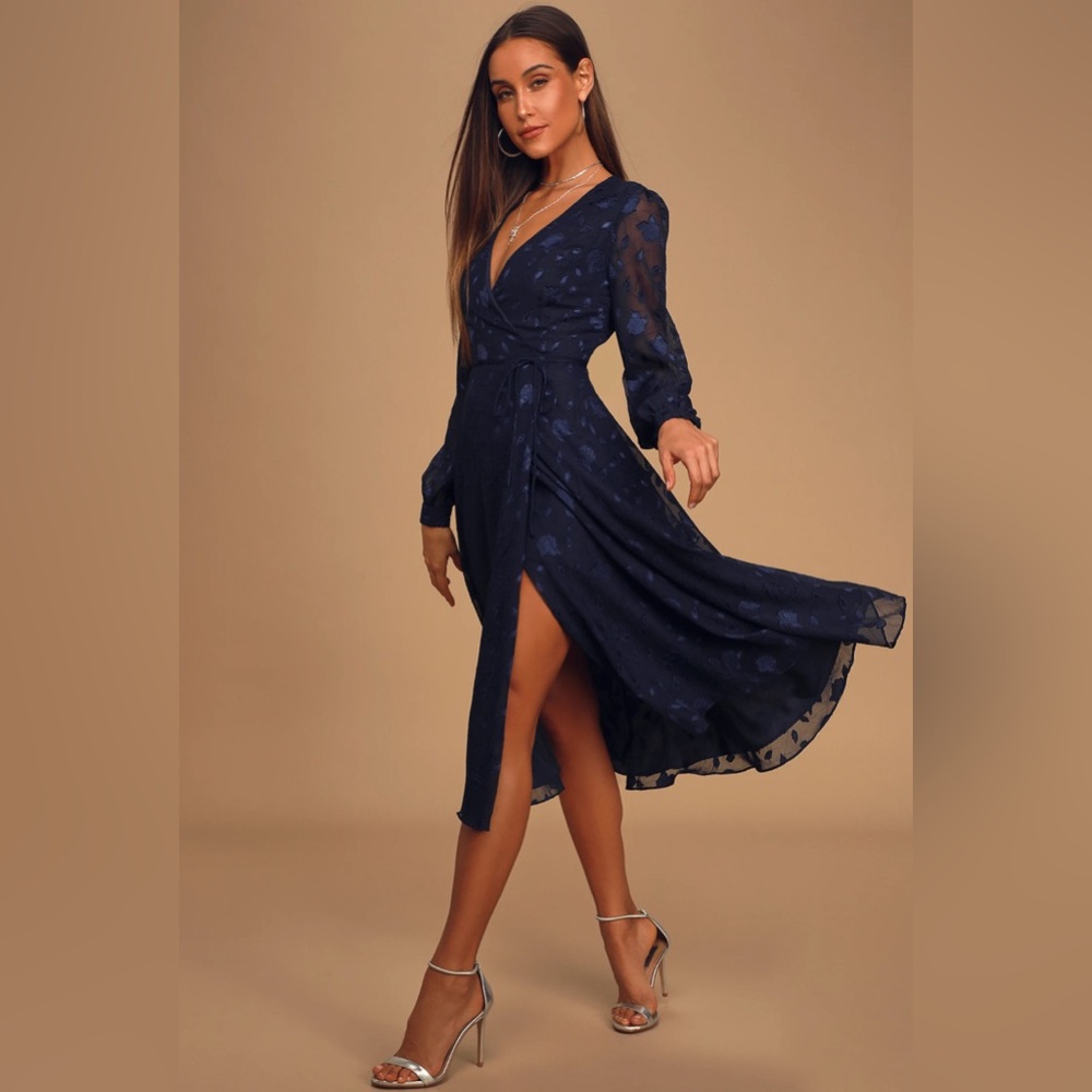 Lulu's Evening of Elegance Floral Jacquard Midi Wrap Dress Size S